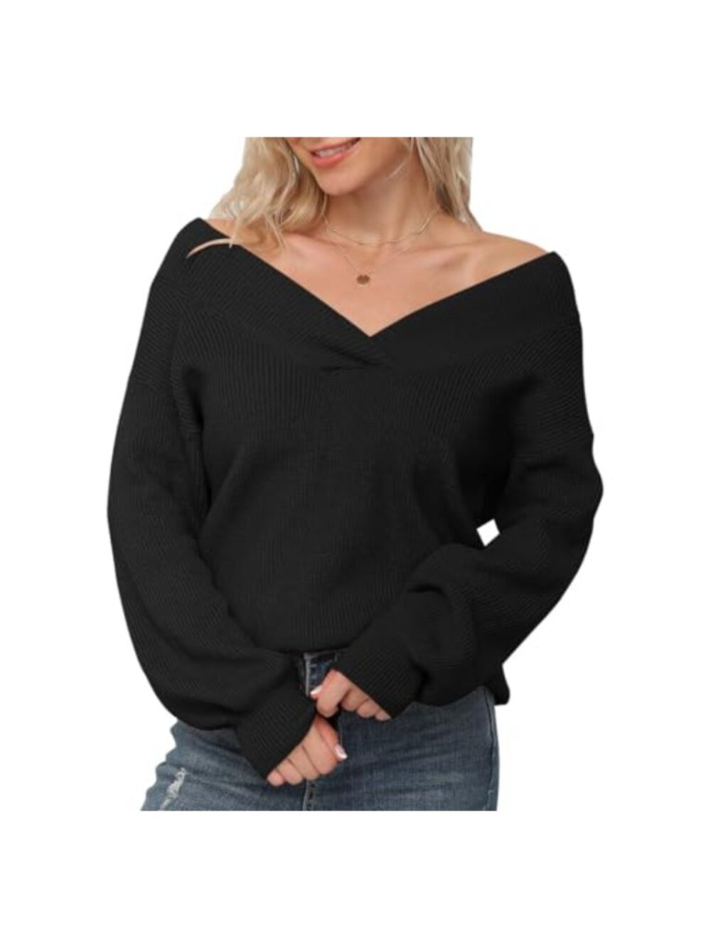 Women's V-Neck Long Sleeve Pullover Sweater, Off Shoulder Knit Jumper, Rayon